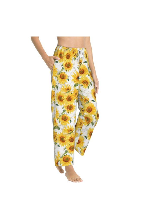 Artistic Marble Pattern Sunflower Womens Soft Woven Cotton Elastic Waistband Sleep Pajama Pant Lounge Sleep Pant With Pockets And Drawstring-Large