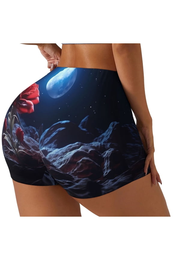 Artistic Moon Rose Printed Workout Shorts for Women Seamless Scrunch Butt Lifting High Waisted Yoga Gym Booty Running Moisture-wicking Short Pants-Medium