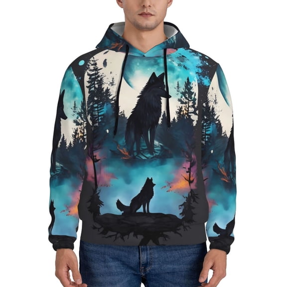 Picia Artistic Moon Valley Wolf Pattern Casual Men's Hoodie - Lightweight Hooded Sweatshirt with Kangaroo Pocket, Comfortable Pullover for Everyday, Travel-Medium