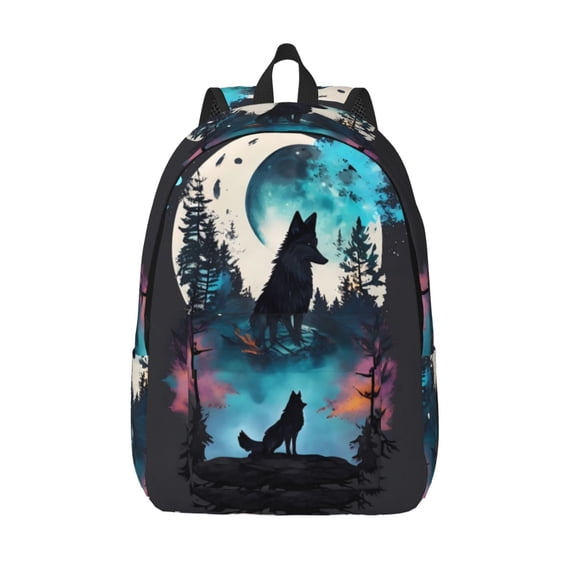 Picia Artistic Moon Valley Wolf Printed Canvas Daypack - Stylish and Durable Vintage Compact Backpack - Class, Work, Travel, or Laptop Bookbag,Organized Compartments-Medium