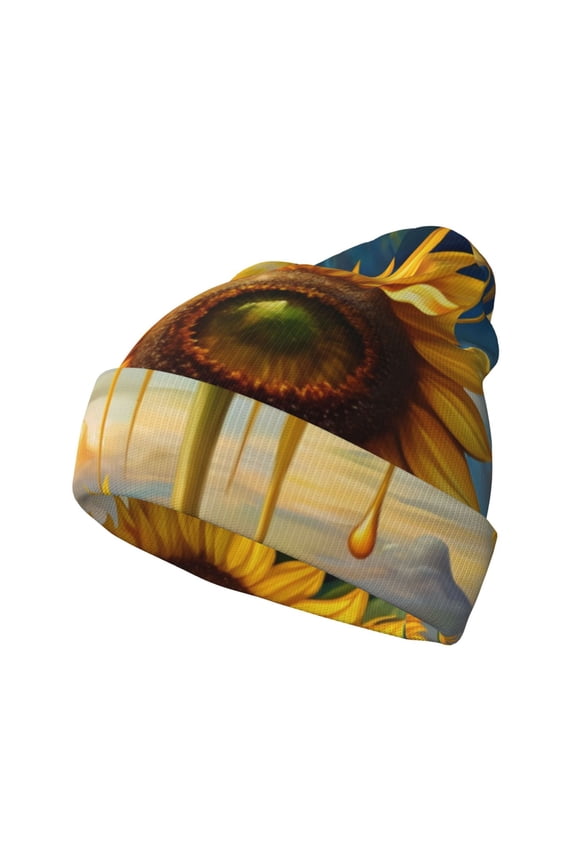 Artistic Oil Painting Sunflower Pattern Knitted Beanie Hat for Men and Women , Unisex Winter Warm Stretchy Knit Cap Thick Fisherman Beanies Cuffed Plain Skull Caps
