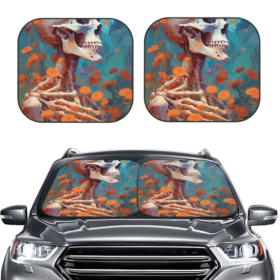 Picia Artistic Orange Carnation Skull 2 Piece Car Windshield Sun Shade Foldable | Foldable Sun Shield for Front Window Blocks UV Rays and Keeps Your Vehicle Cool-Large