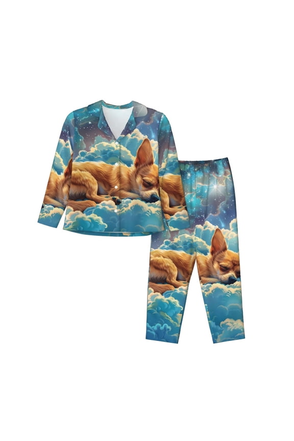 Artistic Starry Sky Cloud Dog Pattern Women’s Long-Sleeve Sleepwear Set - Soft 2-Piece Loungewear with Pockets, Comfy PJs for Relaxing Nights-X-Large