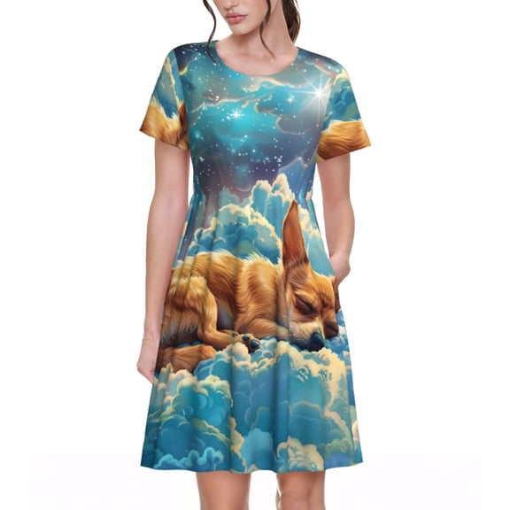 Picia Artistic Starry Sky Cloud Dog Pattern Women's Short Sleeve Summer Dress Pleated Loose Swing Knee Length Short Sleeve Swing Dresses