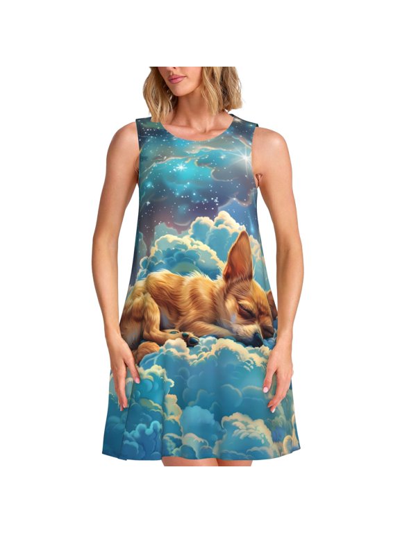 Artistic Starry Sky Cloud Dog Print Women’s Sleeveless Midi Swing Dress – A-Line Pleated Tank Sundress, Comfortable and Flowy T-Shirt Dress