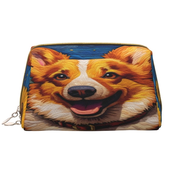 Picia Artistic Sunflower Corgi Print Leather Makeup Bag Make Up Bag Travel Toiletry Bag for Her Girlfriend Teacher Teen Girl Gifts