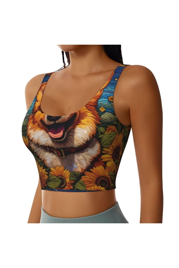Artistic Sunflower Corgi Sports Bra for Women,Padded Strappy Sports Bras Medium Support Yoga Bra with Removable Cups,Running Yoga Bra-Small