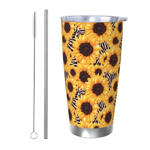 Picia Artistic Zebra Print Sunflower Pattern 20 oz Tumbler Stainless Steel Vacuum Insulated Coffee Ice Cup Double Wall Travel Flask Dual Lid Water Bottle, Eco-friendly Car Cup