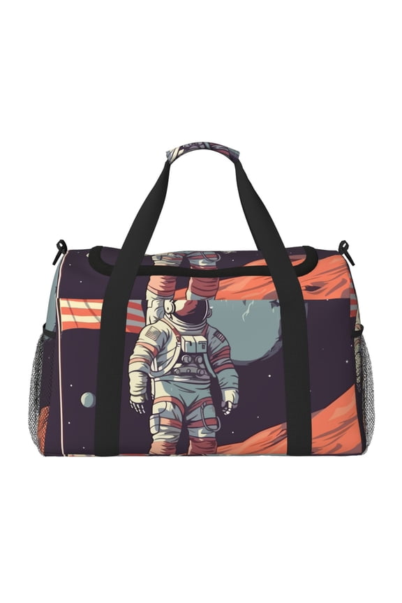 Astronaut With American Flag Print Travel Duffle Bag,Weekender Bags for Women with Shoe Compartment, Gym Duffel Bag with Wet Pocket, Hospital Bags for Labor and Delivery