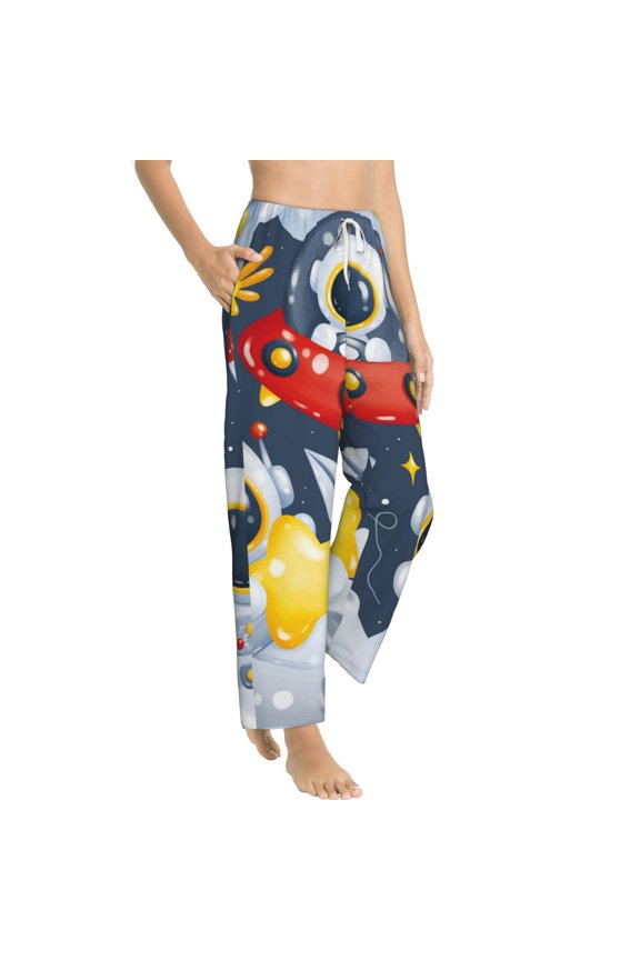 Astronaut And Space Womens Soft Woven Cotton Elastic Waistband Sleep Pajama Pant Lounge Sleep Pant With Pockets And Drawstring-Medium