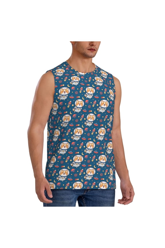 Astronaut Corgi Dog mens Cotton Tank Undershirts , Moisture-wicking Ribbed Tanks, Lightweight Cotton Tank Undershirts-3X-Large