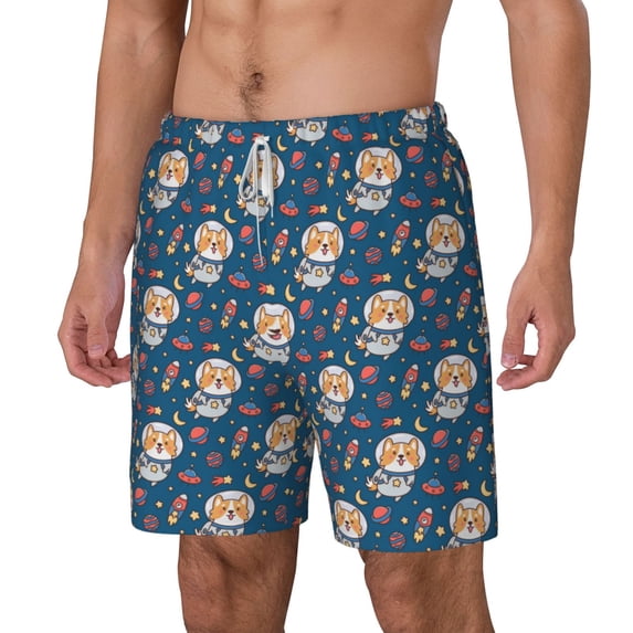 Picia Astronaut Corgi Dog pattern Mens Swim Trunks with Compression Liner Stretch Beach Shorts Quick Dry with Zipper Pockets No-Chafing Board Shorts-Large