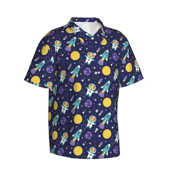Picia Astronaut Corgi Gentle Cotton Regular Fit Short Sleeve Casual Hawaiian Shirt for Men-3X-Large