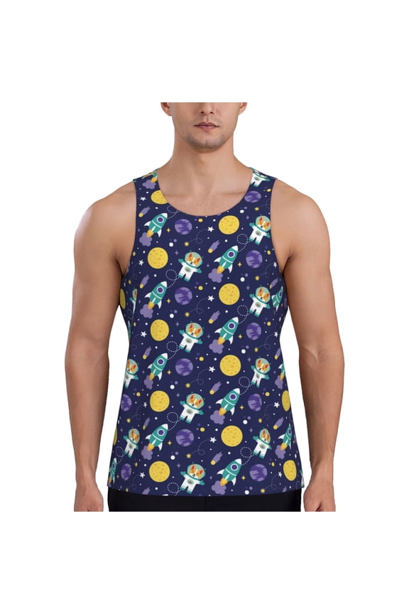 Astronaut Corgi Printed Men’s Performance Tank, Men's Workout Tank Top Moisture-Wicking Tank Top Muscle tee, Breathable Workout Shirt-X-Large