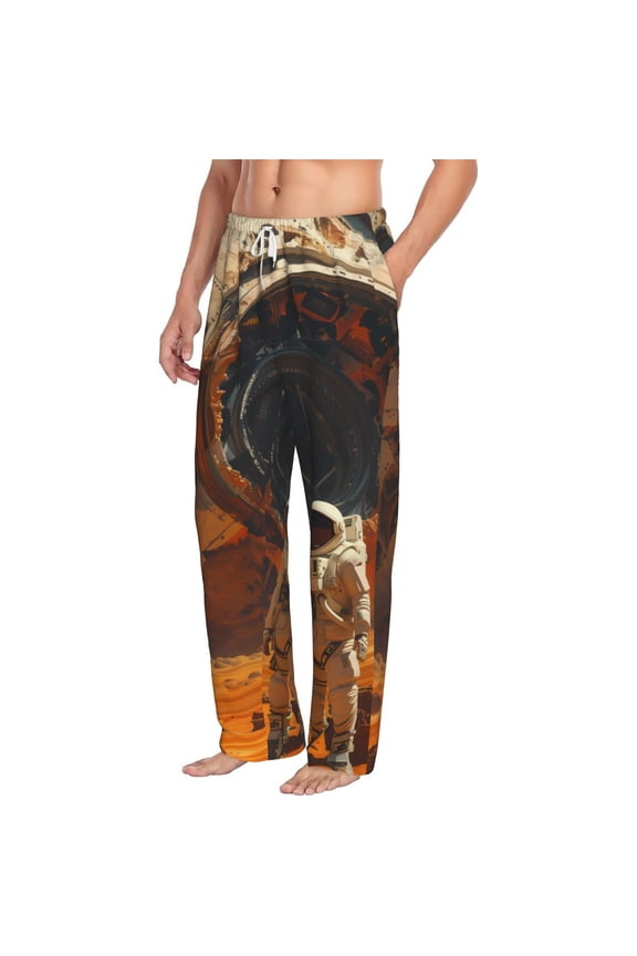 Astronaut Exploring Mars Mens Soft Woven Cotton Elastic Waistband Sleep Pajama Pant Lounge Sleep Pant With Pockets And Drawstring-Small