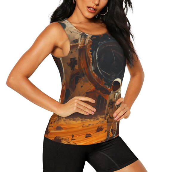 Picia Astronaut Exploring Mars Pattern Women's Workout Tank Top,Breathable Activewear,Slim Fit Athletic Top,Versatile Workout Moisture-wicking top-Large