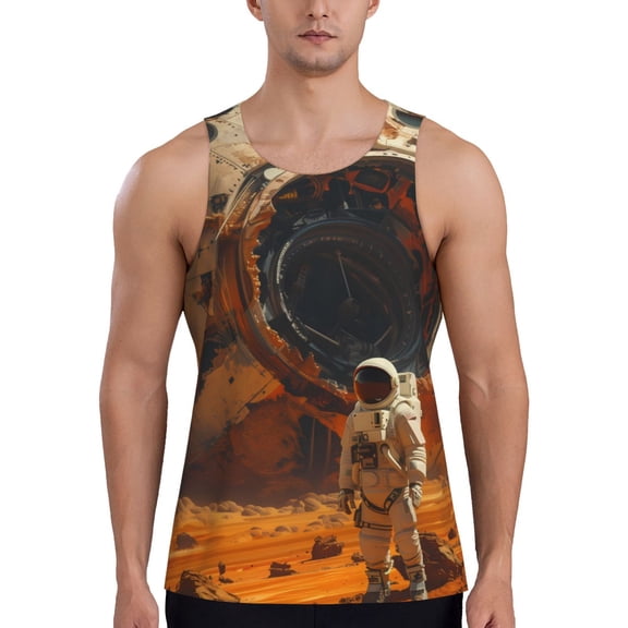 Picia Astronaut Exploring Mars Printed Men’s Performance Tank, Men's Workout Tank Top Moisture-Wicking Tank Top Muscle tee, Breathable Workout Shirt-3X-Large