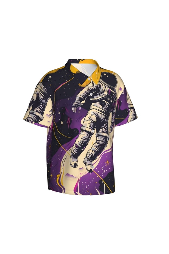 Astronaut Floating purple Space Gentle Cotton Regular Fit Short Sleeve Casual Hawaiian Shirt for Men-Medium
