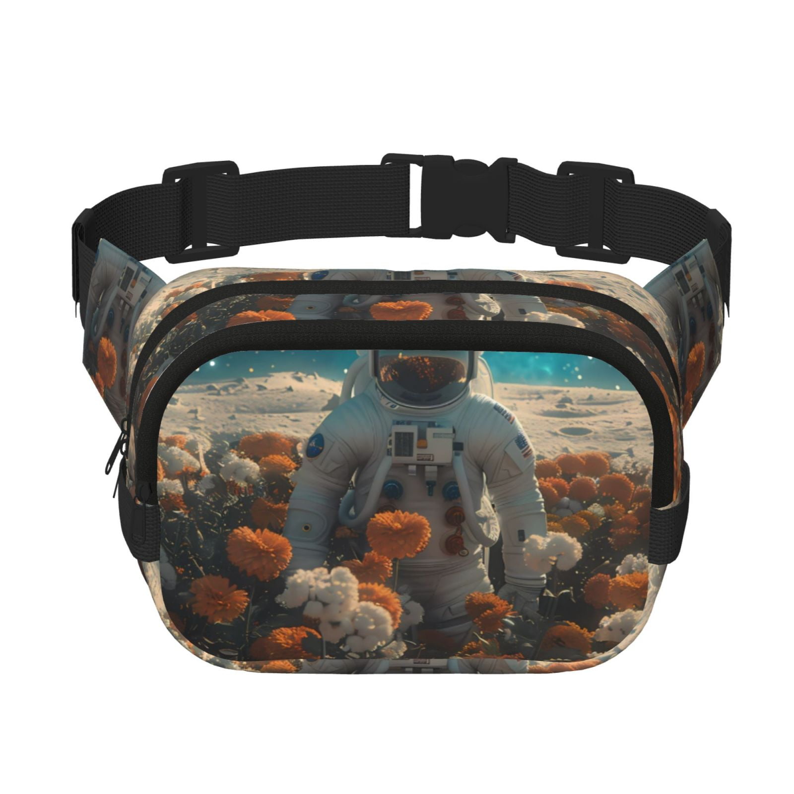 Picia Astronaut Flower Field Print Square Double-Layer Waist Bag Mini Adjustable Waist Belt Bag Exercise Running Travel Hiking