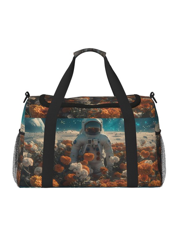 Astronaut Flower Field Print Travel Duffle Bag,Weekender Bags for Women with Shoe Compartment, Gym Duffel Bag with Wet Pocket, Hospital Bags for Labor and Delivery