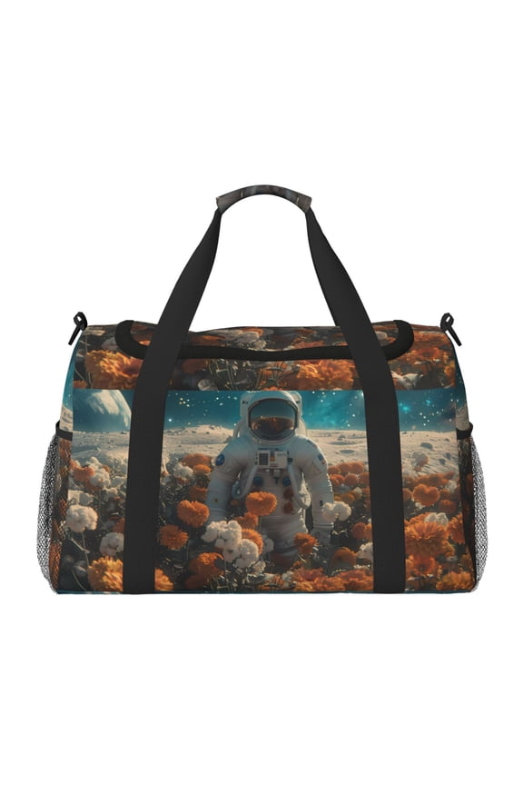 Astronaut Flower Field Print Travel Duffle Bag,Weekender Bags for Women with Shoe Compartment, Gym Duffel Bag with Wet Pocket, Hospital Bags for Labor and Delivery