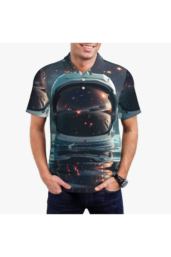 Astronaut Helmet Reflections Print Men's Polo Shirt, Two-Button Closure Pique Polo Shirt, Summer Fashion Golf Shirt-X-Large