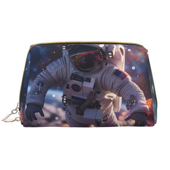 Picia Astronaut In Cosmic Garden Print Leather Makeup Bag Make Up Bag Travel Toiletry Bag for Her Girlfriend Teacher Teen Girl Gifts