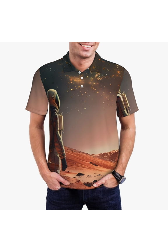 Astronaut On Mars A Print Men's Polo Shirt, Two-Button Closure Pique Polo Shirt, Summer Fashion Golf Shirt-Large
