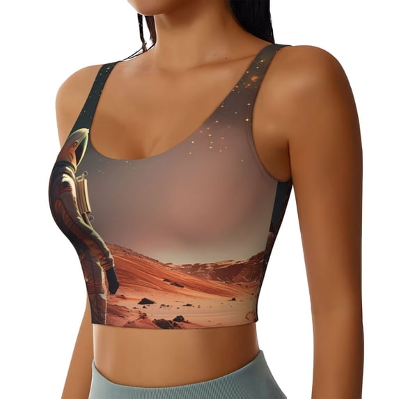 Picia Astronaut On Mars A Sports Bra for Women,Padded Strappy Sports Bras Medium Support Yoga Bra with Removable Cups,Running Yoga Bra-Large