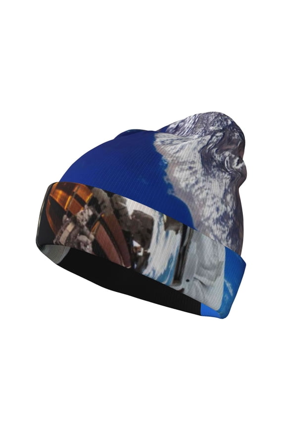 Astronaut in Outer Space Pattern Knitted Beanie Hat for Men and Women , Unisex Winter Warm Stretchy Knit Cap Thick Fisherman Beanies Cuffed Plain Skull Caps