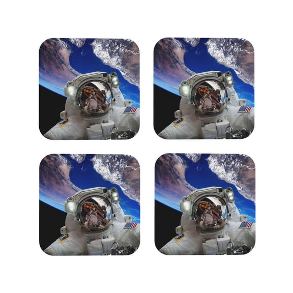 Picia Astronaut in Outer Space Printed Leather Coasters for Drinks, 4" Drink Coasters Set of 4 for Tabletop Protection, Handmade Luxurious Home Décor and Housewarming Gift -Square