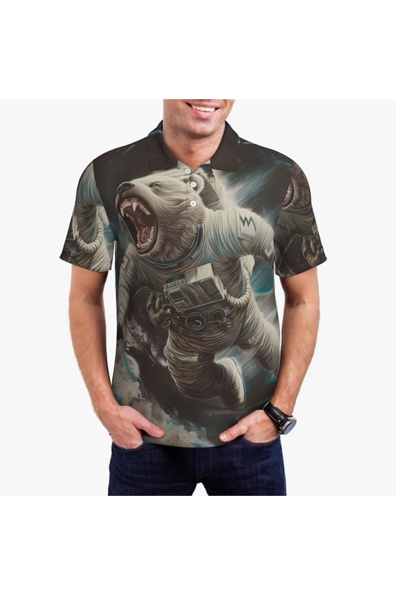 Astronaut Polar Bear Roar Print Men's Polo Shirt, Two-Button Closure Pique Polo Shirt, Summer Fashion Golf Shirt-4X-Large