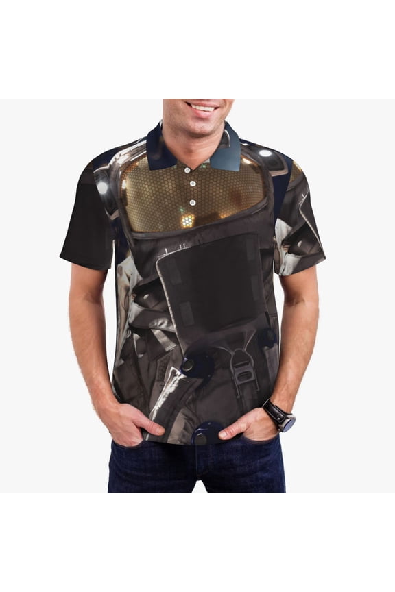 Astronaut Print Men's Polo Shirt, Two-Button Closure Pique Polo Shirt, Summer Fashion Golf Shirt-Small