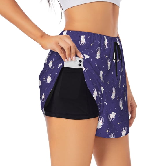 Picia Astronaut Rabbit Pattern Women's 2 in 1 Athletic Running Shorts High Waisted Workout Casual Gym Sweat Shorts with Comfy Liner Zipper Pockets-XX-Large