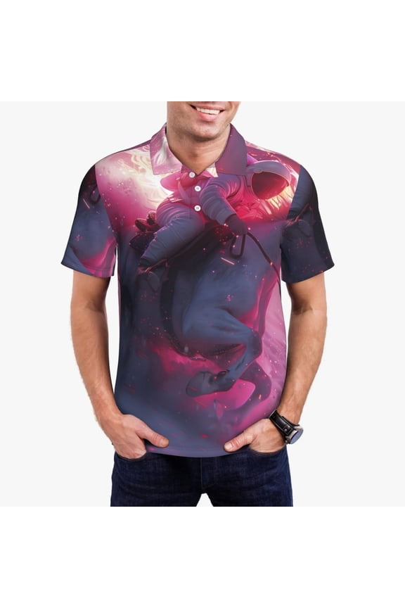 Astronaut Riding Fiery Horse Print Men's Polo Shirt, Two-Button Closure Pique Polo Shirt, Summer Fashion Golf Shirt-Small