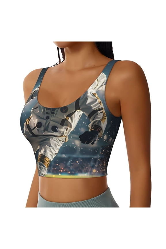Astronaut Soccer Field Sports Bra for Women,Padded Strappy Sports Bras Medium Support Yoga Bra with Removable Cups,Running Yoga Bra-Medium