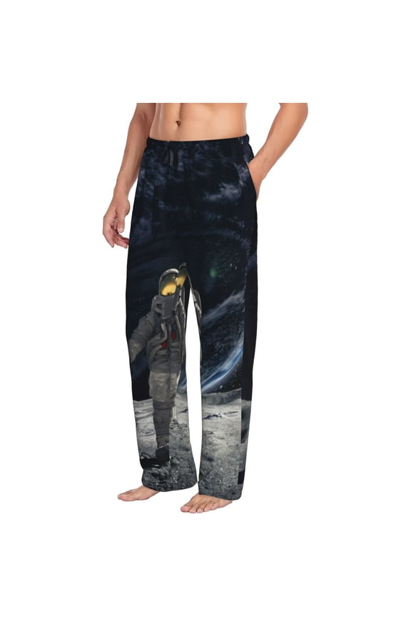 Astronaut Standing In The Moon Mens Soft Woven Cotton Elastic Waistband Sleep Pajama Pant Lounge Sleep Pant With Pockets And Drawstring-Large