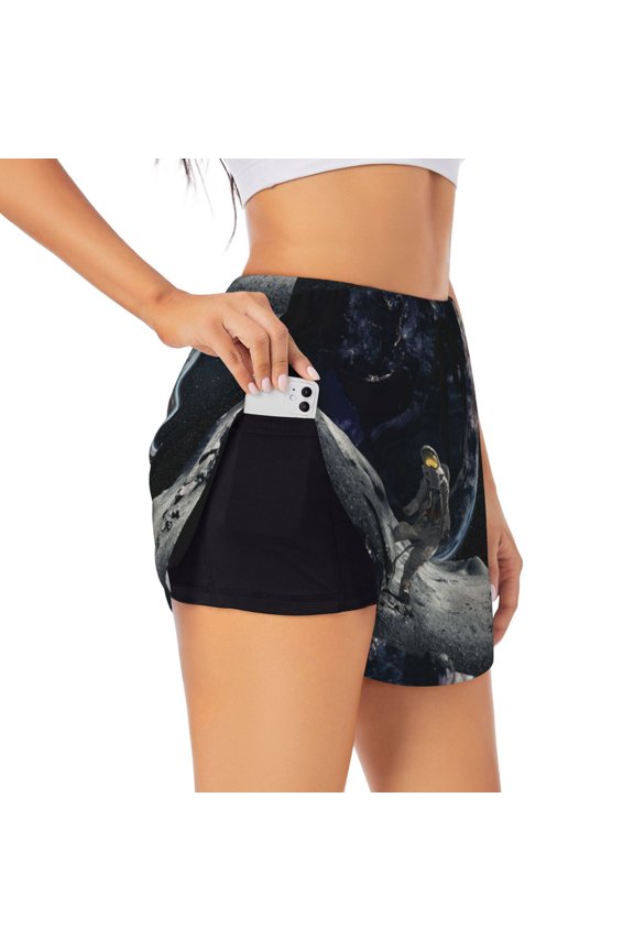 Astronaut Standing In The Moon Pattern Women's 2 in 1 Athletic Running Shorts High Waisted Workout Casual Gym Sweat Shorts with Comfy Liner Zipper Pockets-Medium