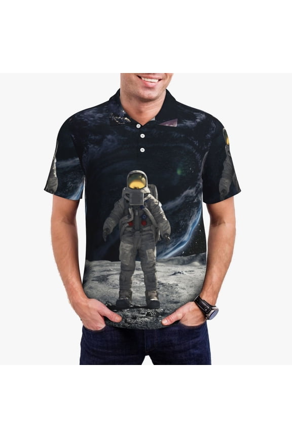 Astronaut Standing In The Moon Print Men's Polo Shirt, Two-Button Closure Pique Polo Shirt, Summer Fashion Golf Shirt-Small