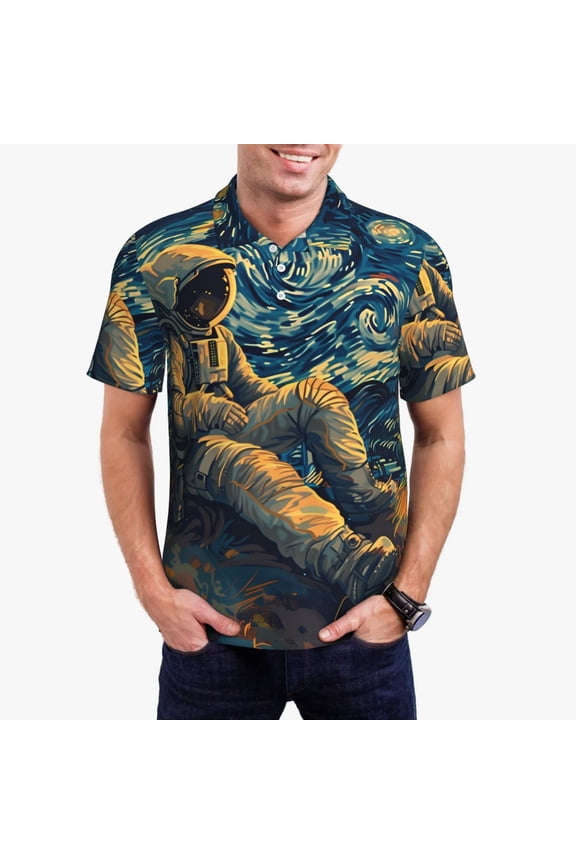Astronaut Starry Night Print Men's Polo Shirt, Two-Button Closure Pique Polo Shirt, Summer Fashion Golf Shirt-Large