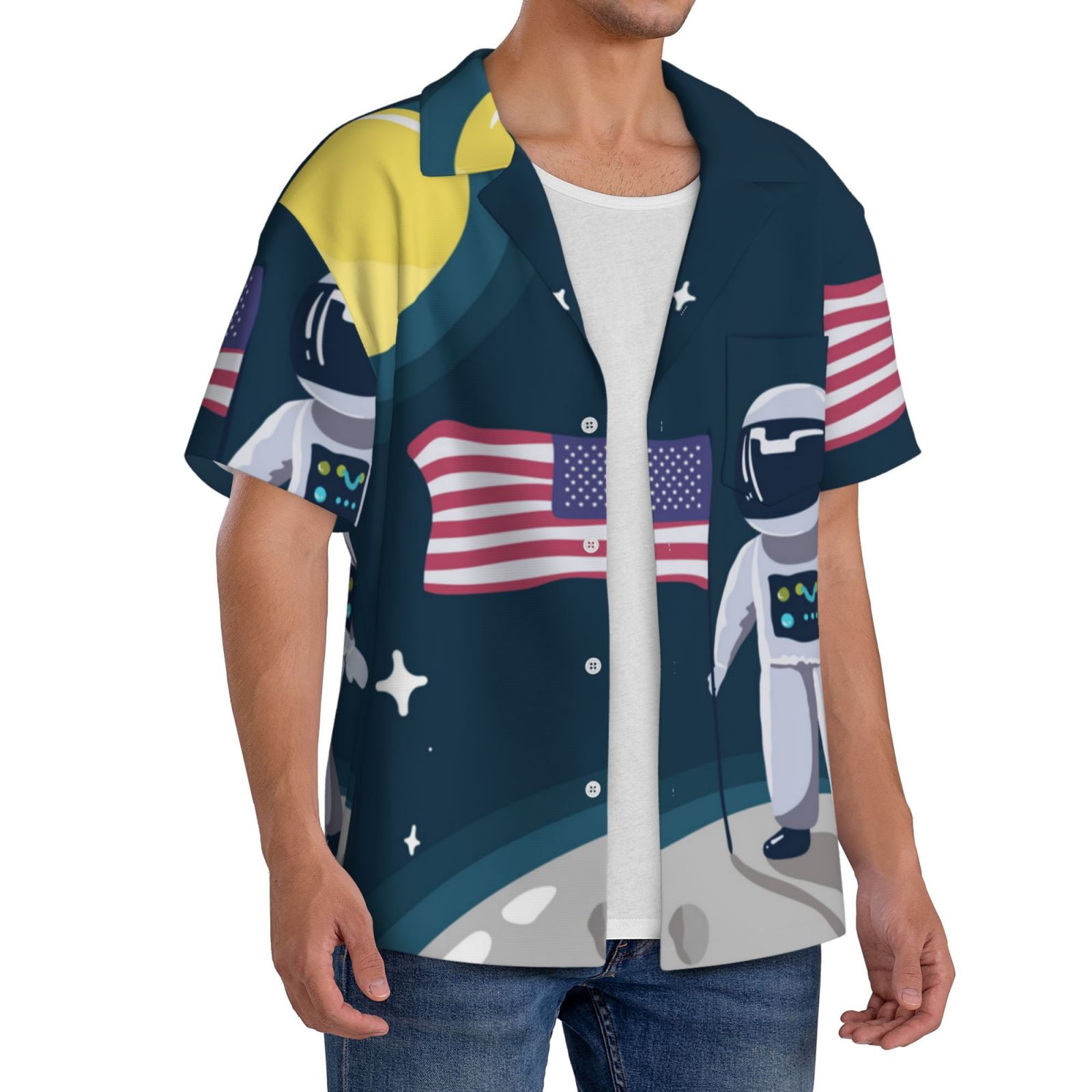 Picia Astronaut With USA Flag Men's Linen Shirts Short Sleeve Cuban