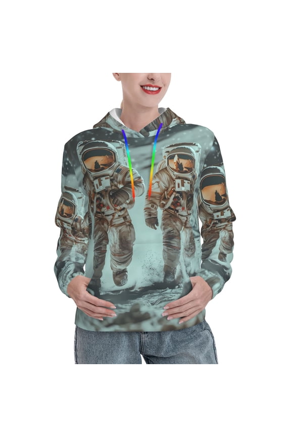 Astronauts On Lunar Mission Pattern Casual Women's Hoodie, Hooded Sweatshirt with Kangaroo Pocket, Comfortable Pullover with Eye-catching Drawstrings-Medium