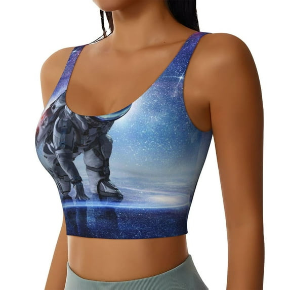 Picia Astronauts Start Running Sports Bra for Women,Padded Strappy Sports Bras Medium Support Yoga Bra with Removable Cups,Running Yoga Bra-Small