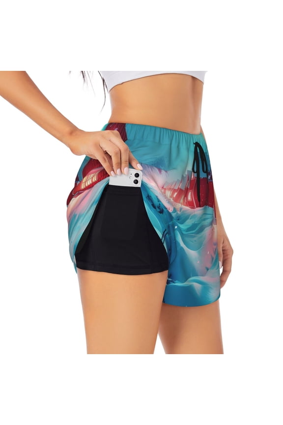 Aurora Borealis Village Pattern Women's 2 in 1 Athletic Running Shorts High Waisted Workout Casual Gym Sweat Shorts with Comfy Liner Zipper Pockets-XX-Large