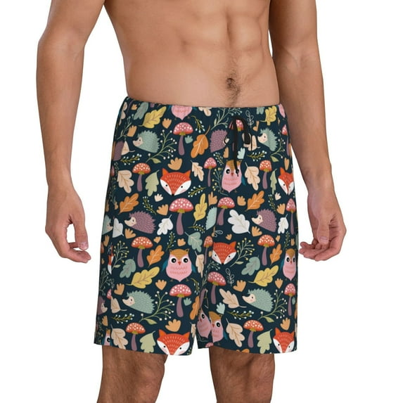 Picia Autumn Fox Owl Pajama Shorts for Men, Men's Pajama Bottoms, Sleepwear,Short Pajama Pants-4X-Large