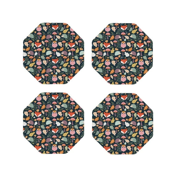 Picia Autumn Fox Owl Printed Leather Coasters for Drinks, 4" Drink Coasters Set of 4 for Tabletop Protection, Handmade Luxurious Home Décor and Housewarming Gift -Octagon