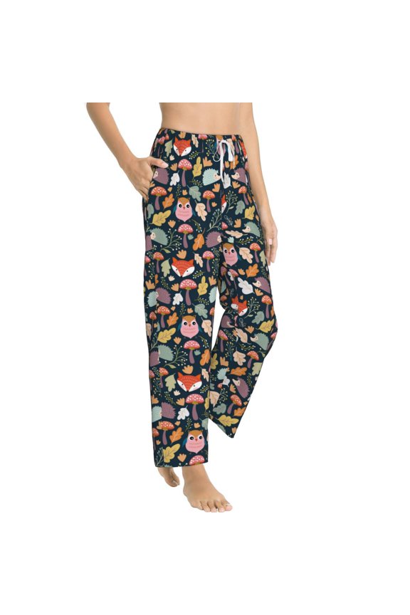 Autumn Fox Owl Womens Soft Woven Cotton Elastic Waistband Sleep Pajama Pant Lounge Sleep Pant With Pockets And Drawstring-Small