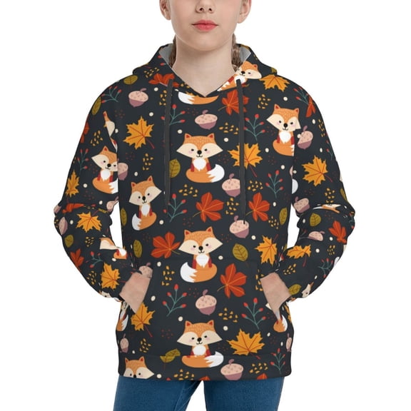 Picia Autumn Fox Pattern Youth Hoodie - Warm Pullover Sweatshirt with Kangaroo Pocket, Ideal for Boys and Girls-Medium