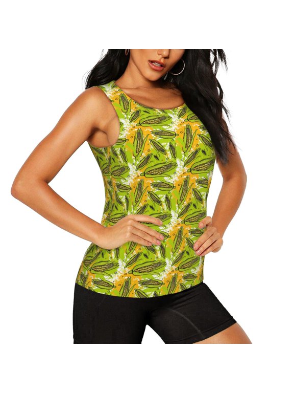 Autumn Harvest Cartoon Corn Pattern Women's Workout Tank Top,Breathable Activewear,Slim Fit Athletic Top,Versatile Workout Moisture-wicking top-Medium
