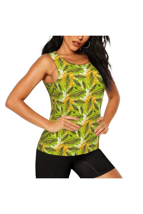 Autumn Harvest Cartoon Corn Pattern Women's Workout Tank Top,Breathable Activewear,Slim Fit Athletic Top,Versatile Workout Moisture-wicking top-Medium